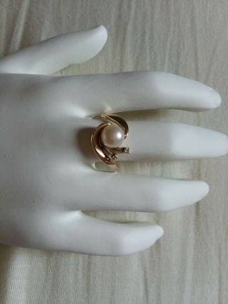Vintage 10 k Gold Pearl Ring with accent diamonds,  scrap or not 2