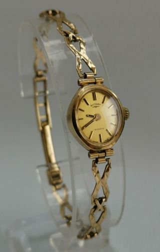Vintage 1962 Rotary 9ct Solid Gold Ladies Quartz Wrist Watch On 9k Strap & Box