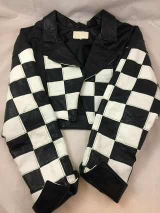 VTG CACHE Black & White Checkered Flag Leather Jacket Large USA Twins 80 ' s 2