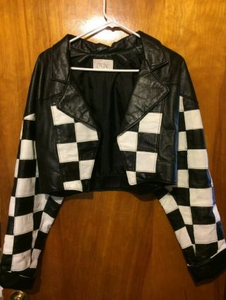 VTG CACHE Black & White Checkered Flag Leather Jacket Large USA Twins 80 ' s 3