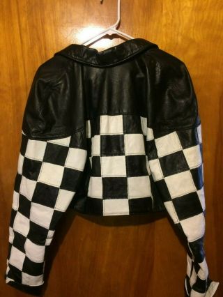 VTG CACHE Black & White Checkered Flag Leather Jacket Large USA Twins 80 ' s 4