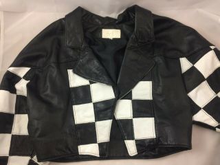VTG CACHE Black & White Checkered Flag Leather Jacket Large USA Twins 80 ' s 5
