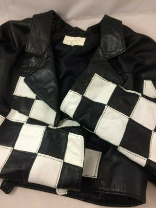 VTG CACHE Black & White Checkered Flag Leather Jacket Large USA Twins 80 ' s 6