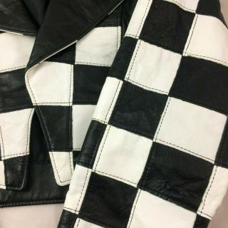 VTG CACHE Black & White Checkered Flag Leather Jacket Large USA Twins 80 ' s 7