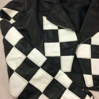 VTG CACHE Black & White Checkered Flag Leather Jacket Large USA Twins 80 ' s 8