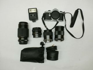 Pentax Me Vintage 35mm Slr Camera With 4 Lenses,  Flash,  And Uv Filters