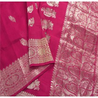 Sanskriti Vintage Pink Heavy Saree Pure Silk Brocade Woven Fabric Sari Blouse Pc 2