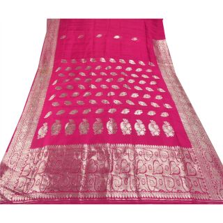 Sanskriti Vintage Pink Heavy Saree Pure Silk Brocade Woven Fabric Sari Blouse Pc 4