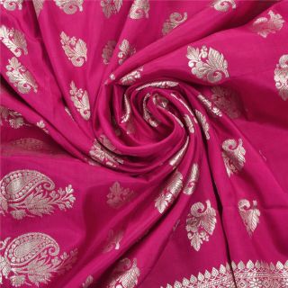 Sanskriti Vintage Pink Heavy Saree Pure Silk Brocade Woven Fabric Sari Blouse Pc 5
