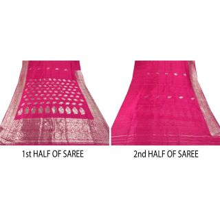 Sanskriti Vintage Pink Heavy Saree Pure Silk Brocade Woven Fabric Sari Blouse Pc 7