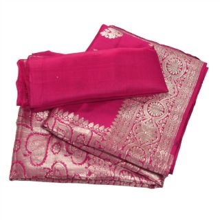 Sanskriti Vintage Pink Heavy Saree Pure Silk Brocade Woven Fabric Sari Blouse Pc 8