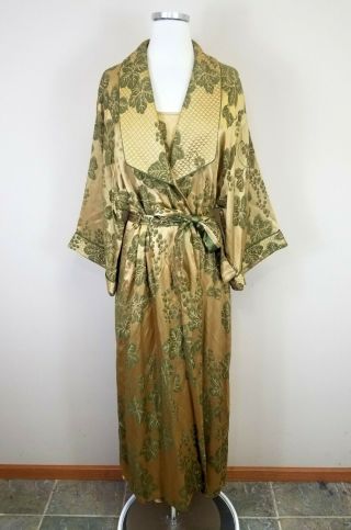 Valentino Intimo Small Gown Dress Robe Set Gold Olive Floral Satin Vintage 80s