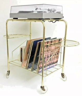 Vintage Mid Century Record Player Stand Vinyl Album Storage Holder Brass Tone