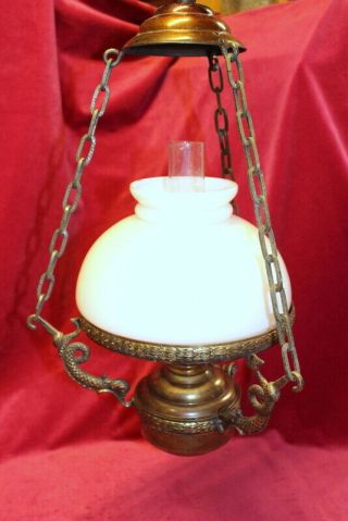 Antique Vintage Ceiling Lamp Chandeliers Brass And Opaline Glass Shade