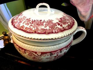 Rare Antique Large Red 19thc 7x10 " Copeland Late Spode Chamber Pot W/ Lid