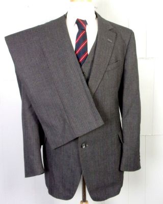 Vtg The Sovereign By Barry Euc Gray Striped Herringbone Tweed 3 Pc Suit Sz 46 L