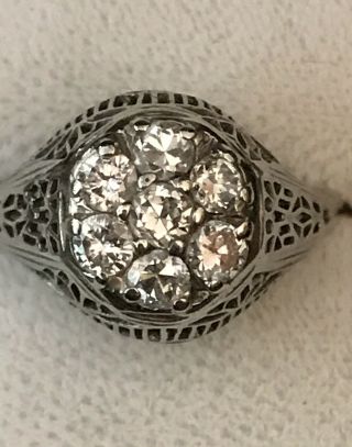 Antique Diamond Cluster Ring,  14k White Gold,  Size 6.  75,  Tcw Approx.  0.  75 Ct.