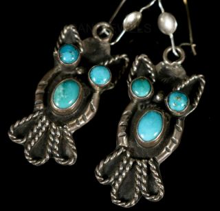 Vintage Navajo Old Pawn Cluster Turquoise " Owl " Sterling Dangle Earrings