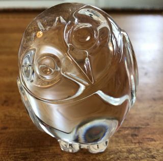 Vintage Signed Steuben Crystal Clear Glass Owl Hand Cooler Paperweight Figurine