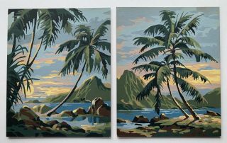 Pair Vintage Paint By Number Pbn Tropical Polynesian Beach Palm Trees Hawaiiana