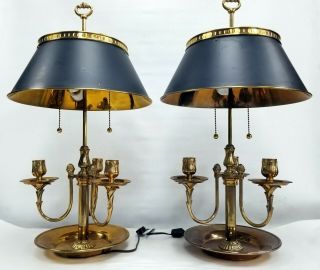 Vintage Rare Pair Chapman Bouillotte Desk Table Lamp Candelabra Brass 2 Lights 4
