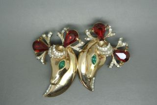 Vintage Coro Duette Sterling Silver Stag Red Crystal Dress Clip Gold - Tone Brooch
