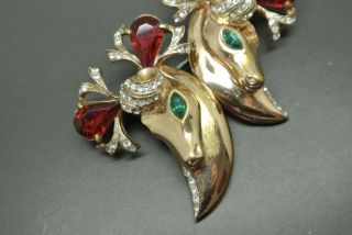 Vintage Coro Duette sterling silver Stag red crystal dress clip gold - tone Brooch 3