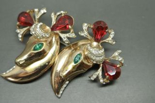 Vintage Coro Duette sterling silver Stag red crystal dress clip gold - tone Brooch 4