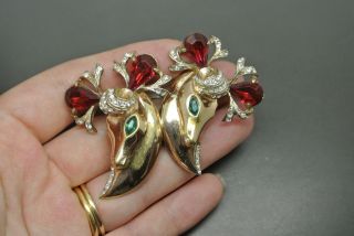 Vintage Coro Duette sterling silver Stag red crystal dress clip gold - tone Brooch 5