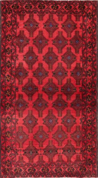 Vintage Balouch Afghan Oriental Area Rug Hand - Knotted Geometric All - Over 4x7 Red