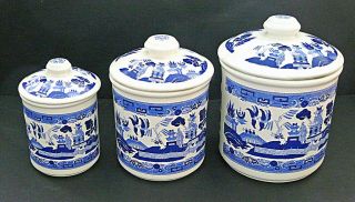 Vintage Blue Willow 3 Piece Round Canister Set With Lids 8 ",  7 " And 6 "
