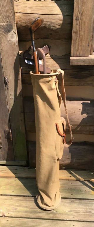 Antique Hickory Wood Shaft Golf Clubs And Vintage Canvas Bag