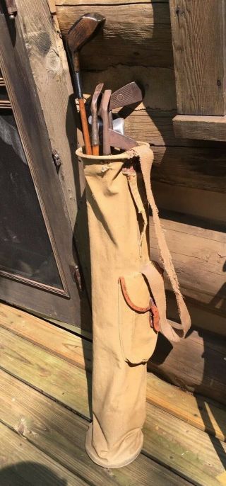 Antique hickory wood shaft Golf Clubs and Vintage Canvas Bag 2