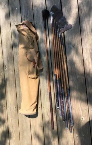 Antique hickory wood shaft Golf Clubs and Vintage Canvas Bag 3