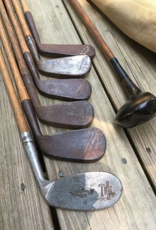Antique hickory wood shaft Golf Clubs and Vintage Canvas Bag 5