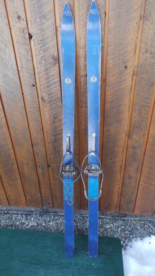Antique Wooden 59 " Long Hickory Skis,  Metal Cable Bindings