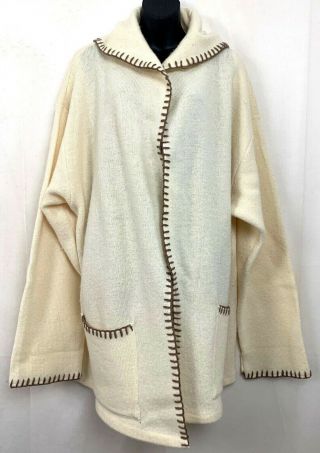 Vtg Outlander Cardigan Sweater Duster Cream Brown Lagenlook Pockets Hood 2x 3x