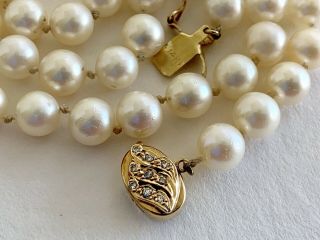 Vintage Cultured 7mm Pearl Strand Necklace With 14k And Diamond Clasp 20 "