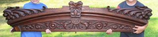 Large Antique 19thC Hand Carved Walnut Architectural Crest w/ Lion Heads 2