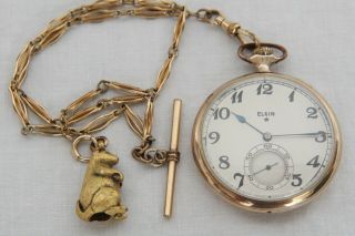 1918 Antique Elgin 12s 17j Open Face Grade 384 Pocket Watch Chain W/ Gopher Fob