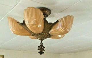 Antique Art Deco Chandelier Light Fixture 5 Slip Shades