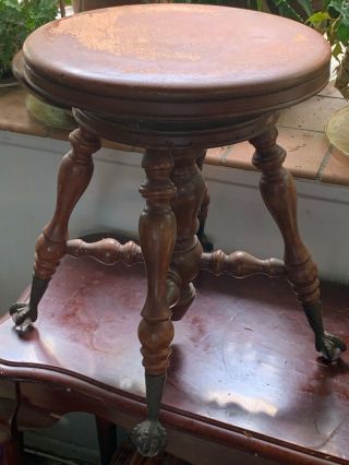 Vintage A.  Merriam Co Piano Stool Wood Adjustable W/ Claw Feet Glass Ball