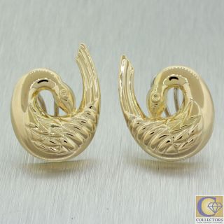 Vintage Estate 14k Solid Yellow Gold Swan Bird Omega Back Earrings