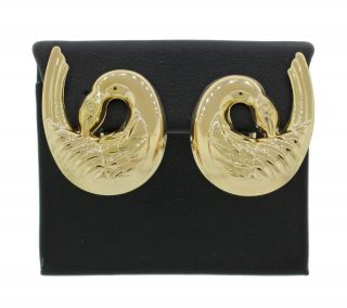 Vintage Estate 14k Solid Yellow Gold Swan Bird Omega Back Earrings 5