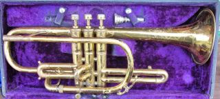 Vintage Brass Cornet King Master Model Medium Bore Made In Usa W/original Case