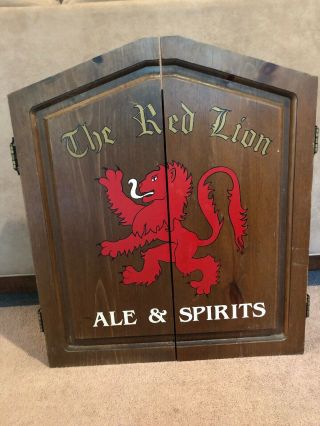 Vintage The Red Lion Ale And Spirits Dart Board Cabinet Wooden 1970s