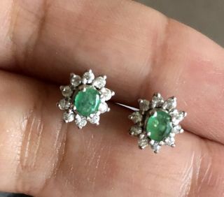 Antique Art Deco 9ct White Gold Emerald And Diamond Earrings Round