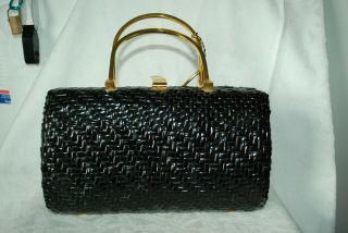 Vintage Koret 1960 ' s Woven Wicker Purse Bag - BLACK w/ Brass Hardware 2