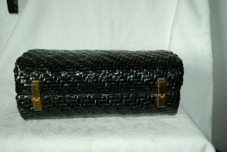 Vintage Koret 1960 ' s Woven Wicker Purse Bag - BLACK w/ Brass Hardware 3