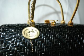 Vintage Koret 1960 ' s Woven Wicker Purse Bag - BLACK w/ Brass Hardware 4